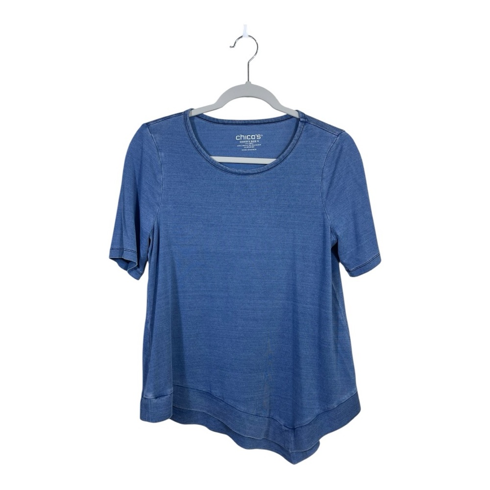 Chico’s Blue Stretch Knit Top Short Sleeve Scoop Neck Sharkbite Hem Sz 0 Small